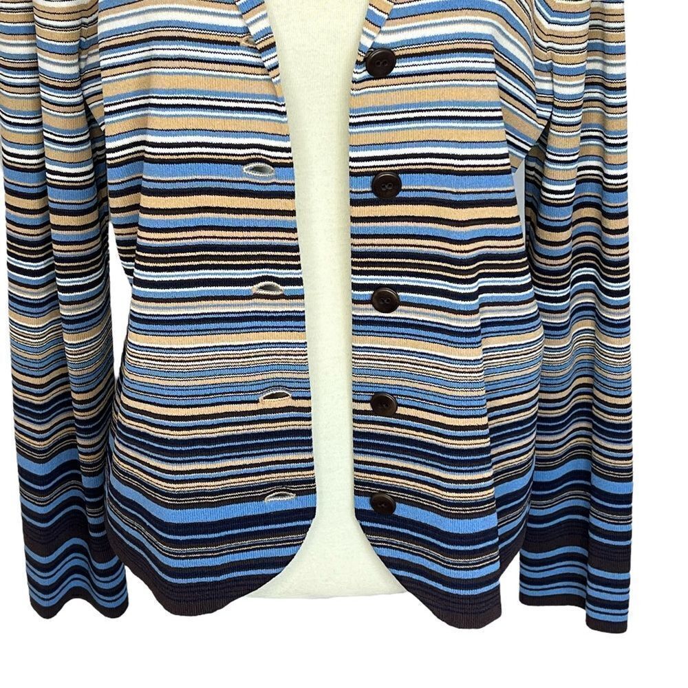 Vintage Jones New York Cardigan Sweater Button Front Size M Striped Blues Tan - Picture 6 of 10